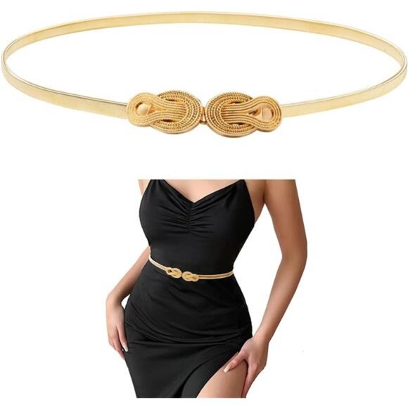 Women’s Gold Metal Stretch Belt – Adjustable Designer Knot Buckle Waist Belt - Picture 1 of 4